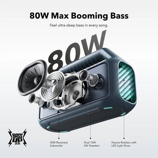 Tragbarer Bluetooth-Lautsprecher Anker SoundCore Boom 2, 80W, TWS, RGB, wasserdicht, Blau A3138031