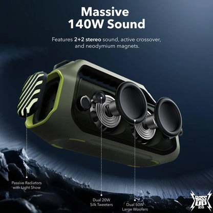 Enceinte Portable Bluetooth Anker SoundCore Boom 2 Plus, 140W, TWS, RGB, Étanche, Vert A3134061