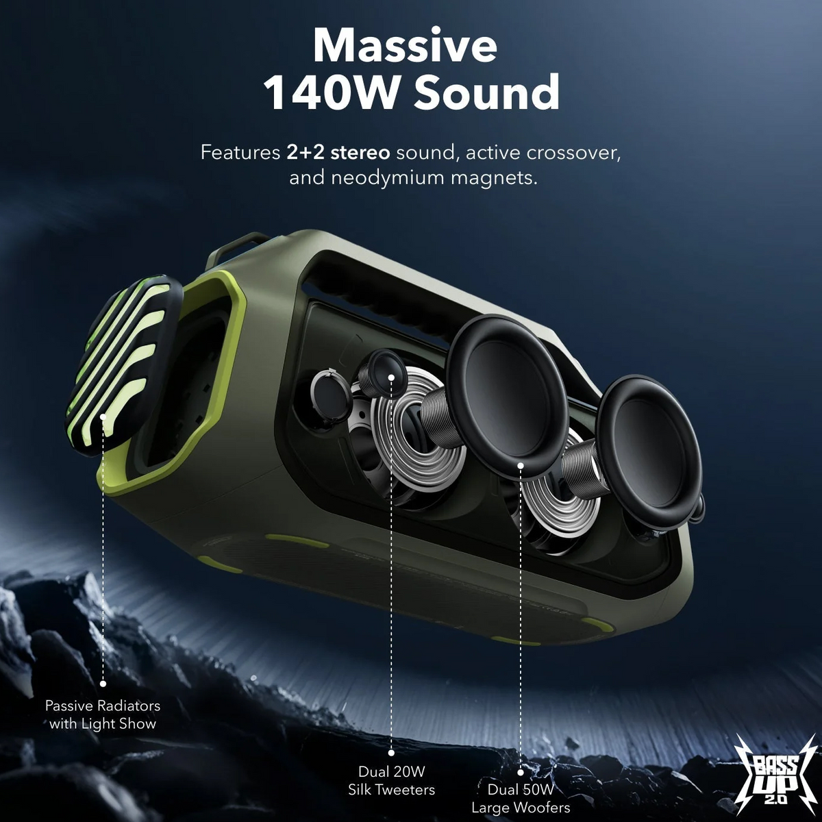 Enceinte Portable Bluetooth Anker SoundCore Boom 2 Plus, 140W, TWS, RGB, Étanche, Verte, Reconditionnée A3134061