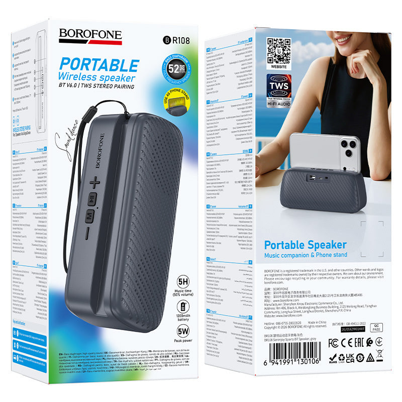 Enceinte portable Bluetooth Borofone BR108 Serenjoy, 5 W, TWS, grise