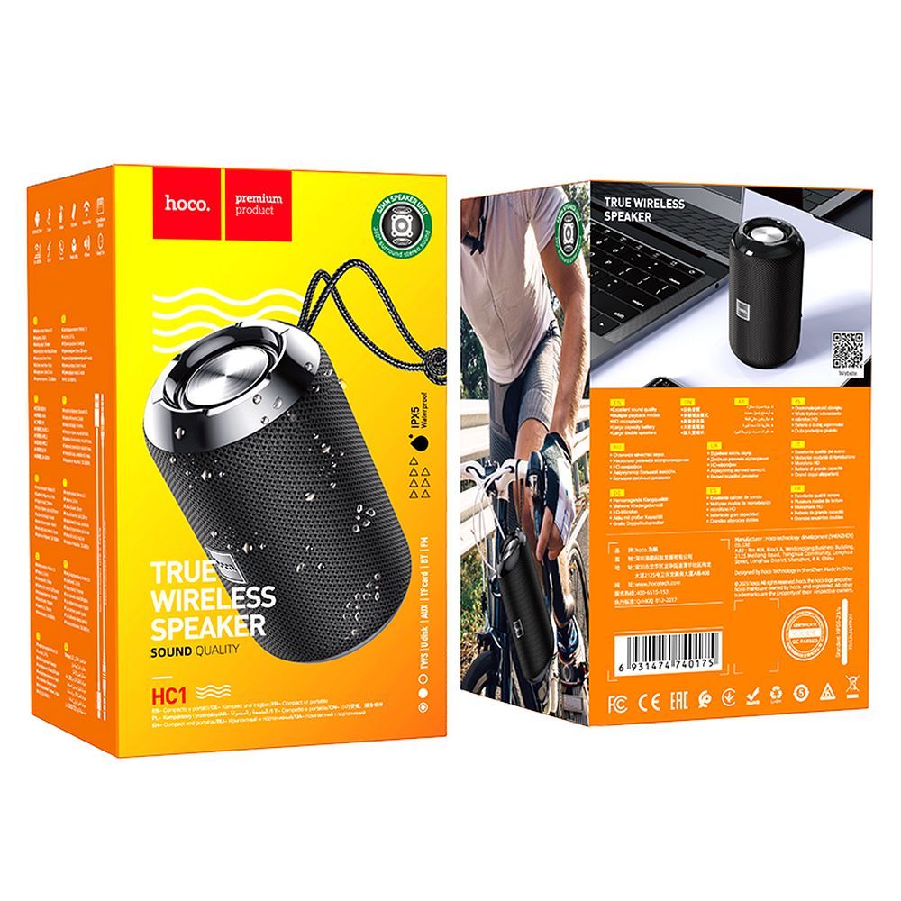 Cassa Portatile Bluetooth HOCO HC1, 5W, TWS, Impermeabile, Nera
