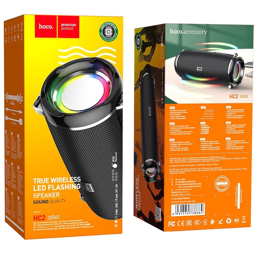 Cassa Portatile Bluetooth HOCO HC2, 2 x 5W, TWS, RGB, Nera