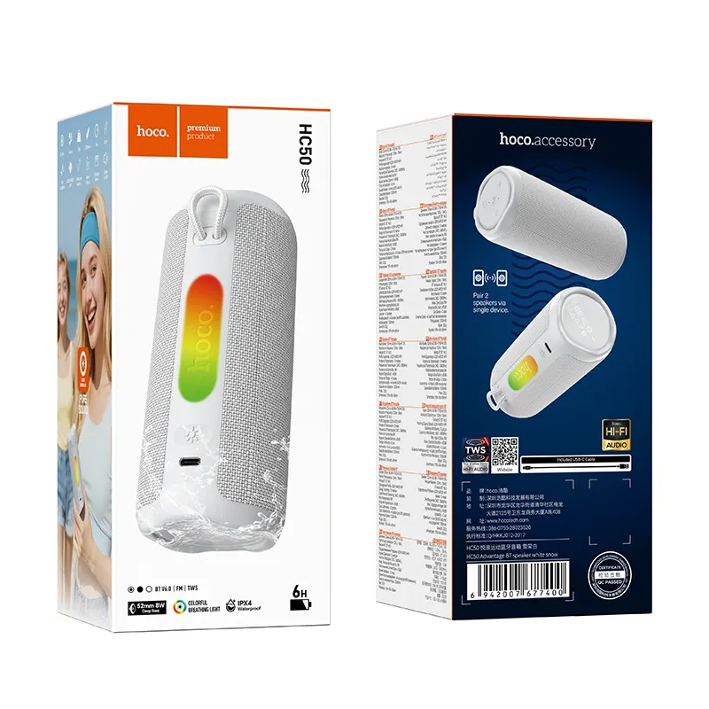 Cassa Portatile Bluetooth HOCO HC50, 8W, TWS, RGB, Impermeabile, Bianca