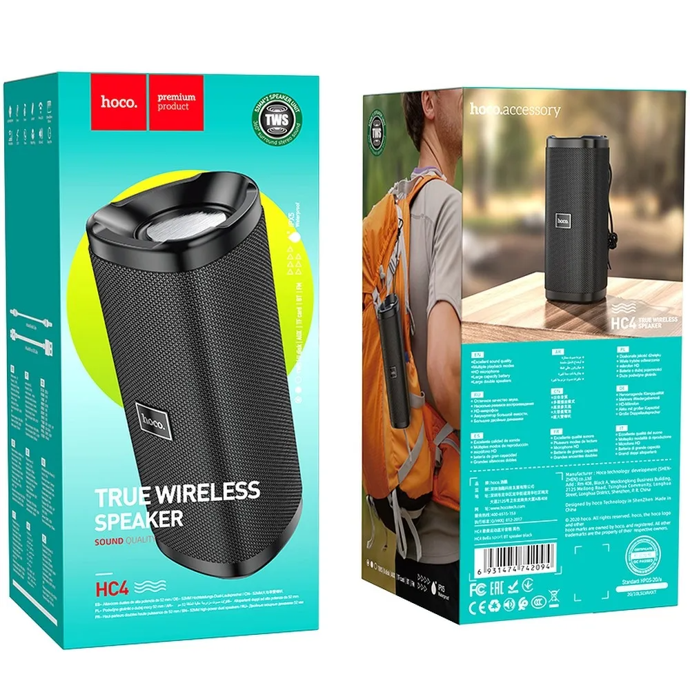 Tragbarer Bluetooth-Lautsprecher HOCO HC4 Bella Sport, 10W, TWS, wasserdicht, Schwarz