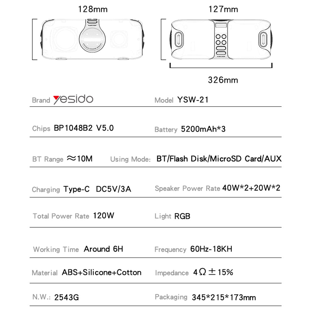 Cassa Bluetooth Yesido YSW21 Karaoke, 120W, RGB, Impermeabile, Nera