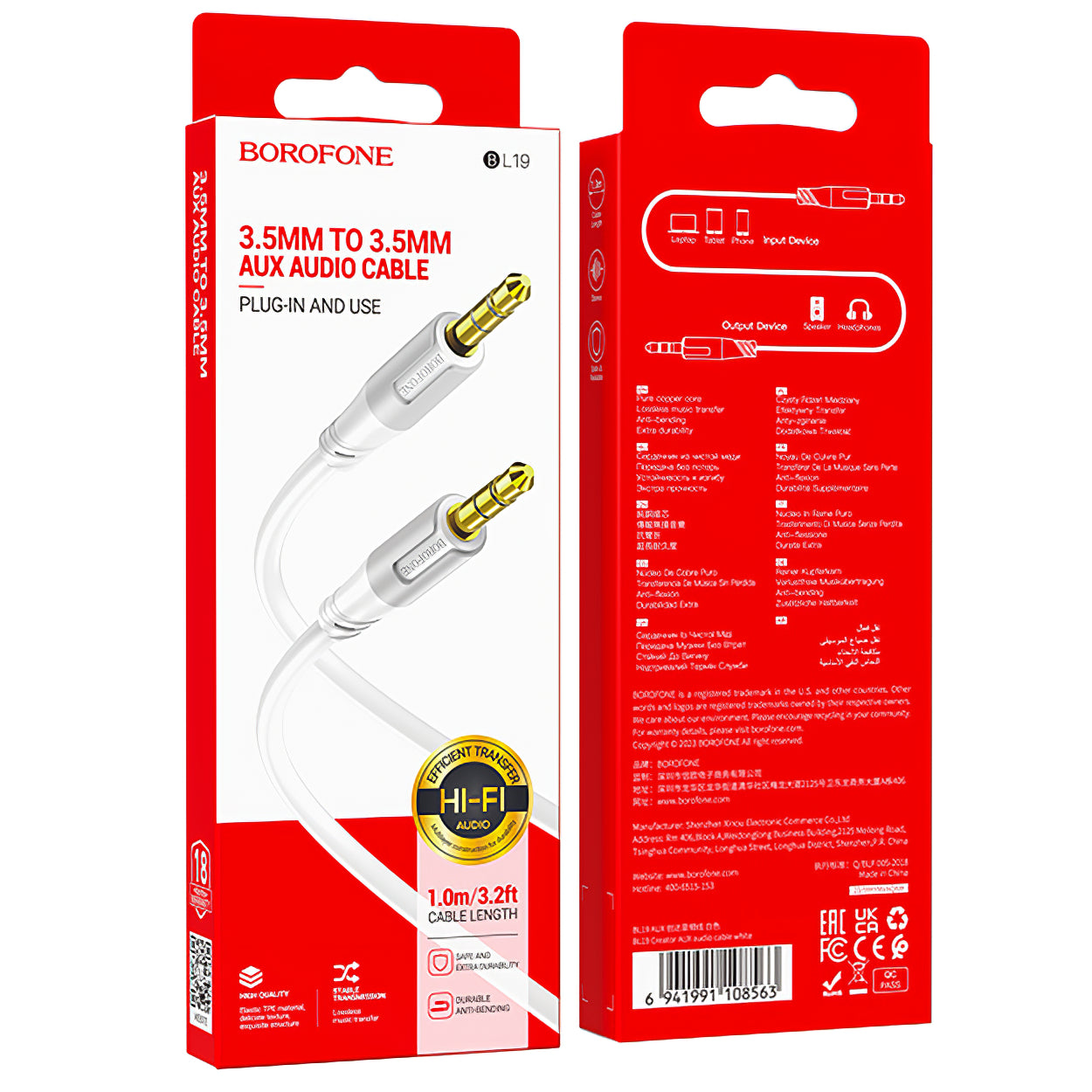 Audio-Kabel 3.5mm - 3.5mm Borofone BL19 Creator, 1m, Weiß