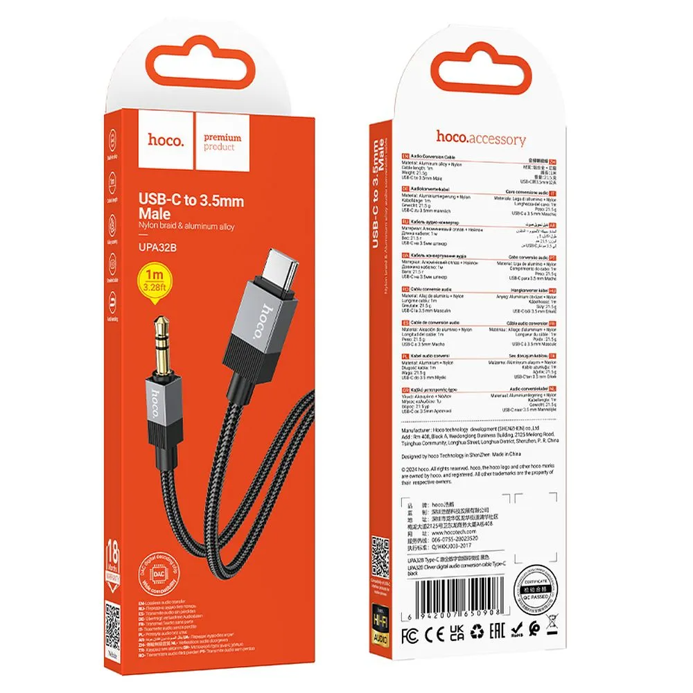 Câble Audio USB-C - 3.5mm HOCO UPA32B, 1m, Noir