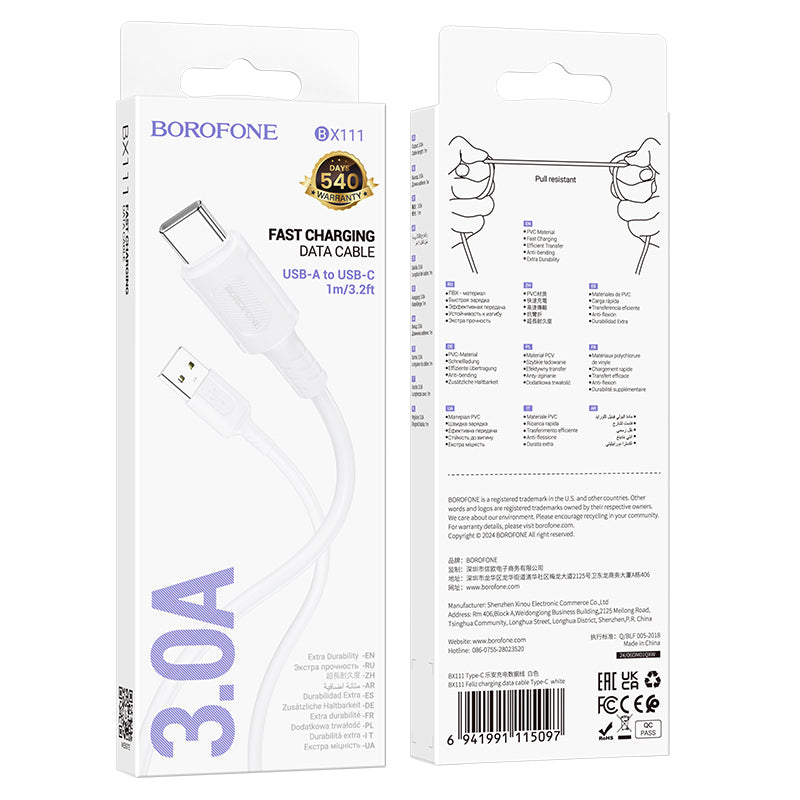 Cavo Dati e Ricarica USB-A - USB-C Borofone BX111 Feliz, 20W, 1m, Bianco