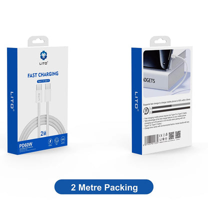 Cavo Dati e Ricarica USB-C - USB-C Lito LD04CC, 60W, 2m, Bianco