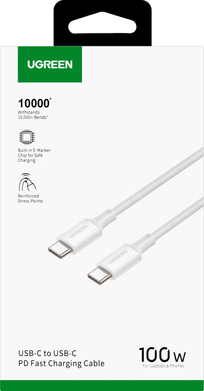 Câble de Données et de Charge USB-C - USB-C UGREEN US300, 100W, 2m, Blanc