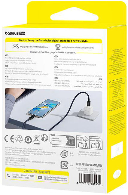 Câble de Données et de Charge USB-A - USB-C Baseus Lit Button Control, 100W, 1m, Noir P10379002121-00
