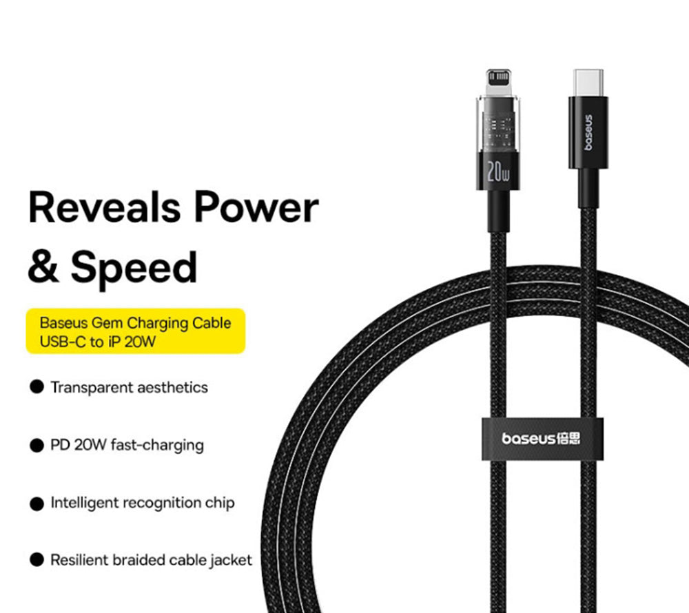 Câble de Données et de Charge USB-C - Lightning Baseus Gem, 20W, 2m, Noir P10373001111-01