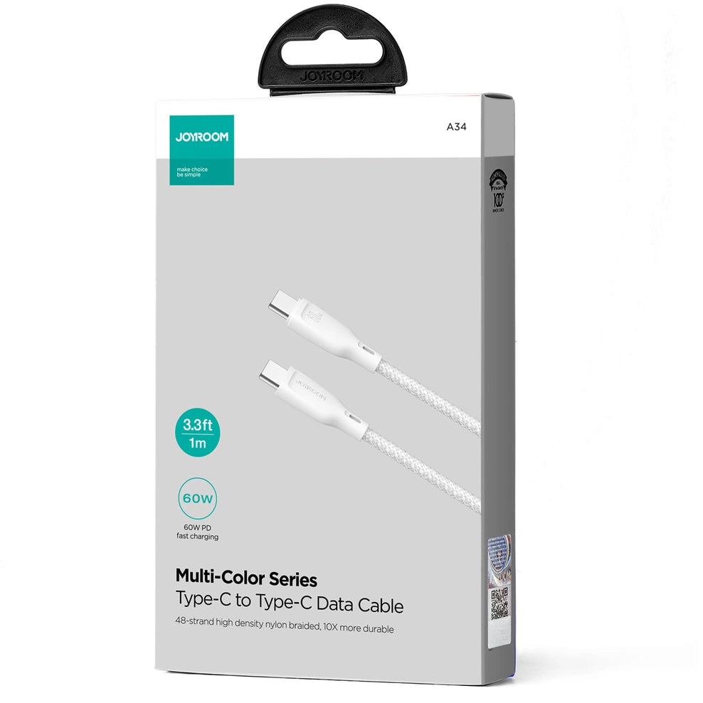 Câble de Données et de Charge USB-C - USB-C Joyroom Multi-Color S-A34, 60W, 1m, Blanc