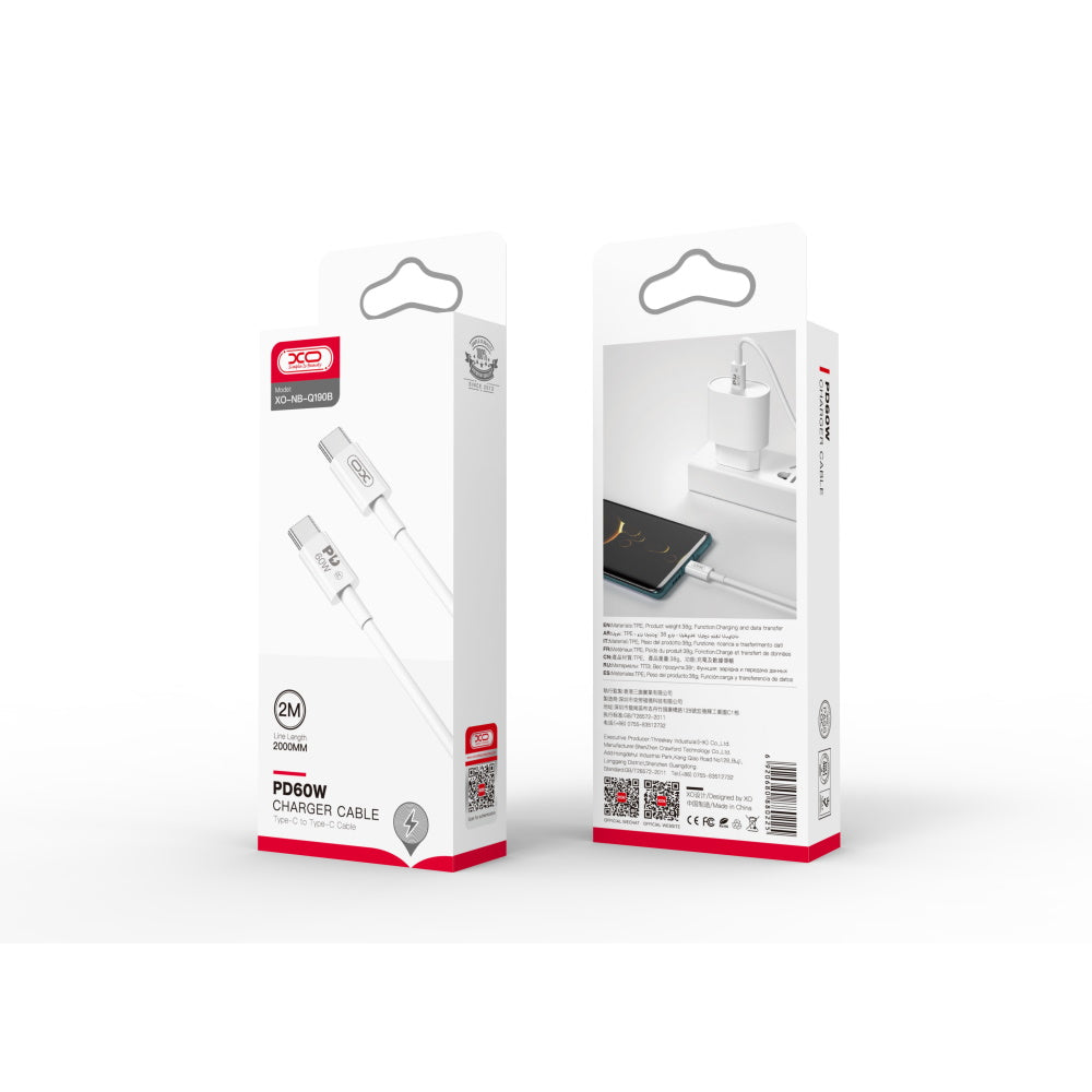 Câble de Données et de Charge USB-C - USB-C XO Design NB-Q190B, 60W, 2m, Blanc