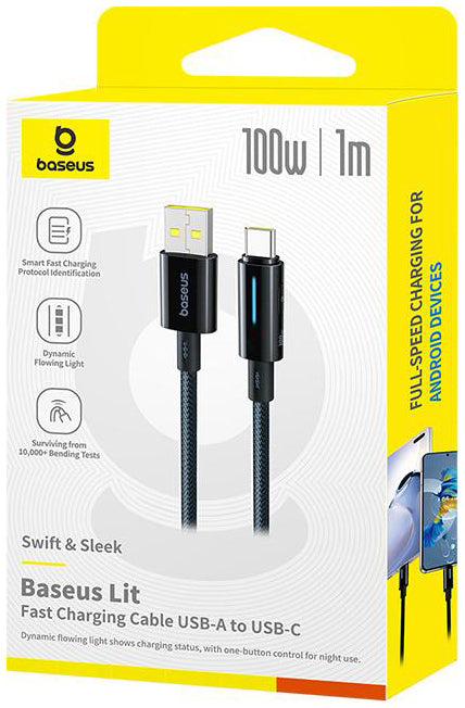 Câble de Données et de Charge USB-A - USB-C Baseus Lit Button Control, 100W, 1m, Noir P10379002121-00