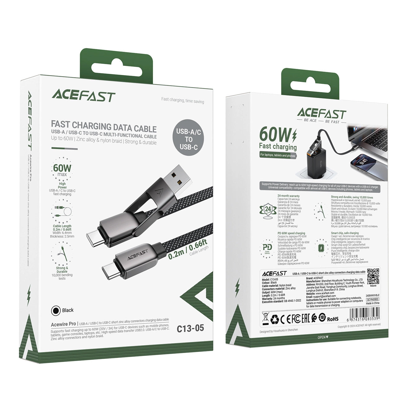 Cavo Dati e Ricarica USB-C - USB-A / USB-C Acefast C13-05, 60W, 0.2m, Nero
