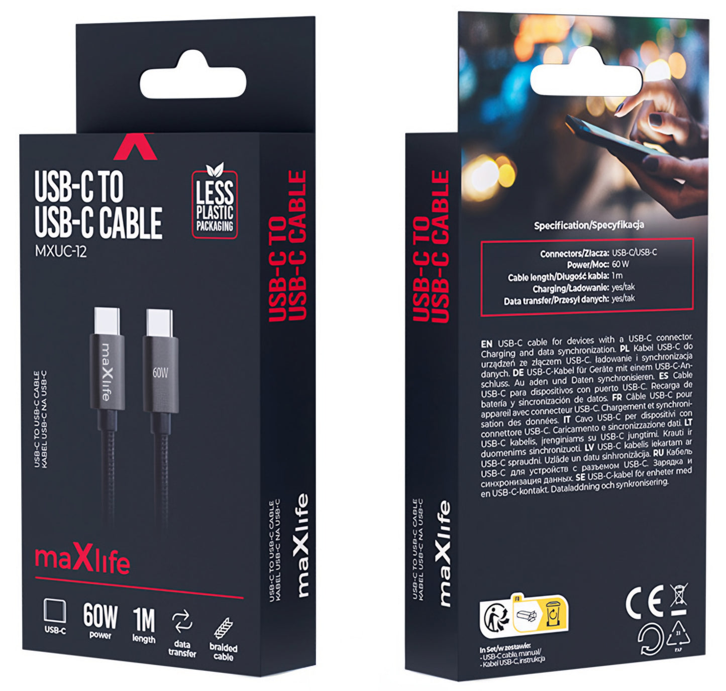 Câble de Données et de Charge USB-C - USB-C MaXlife MXUC-12, 60W, 1m, Noir