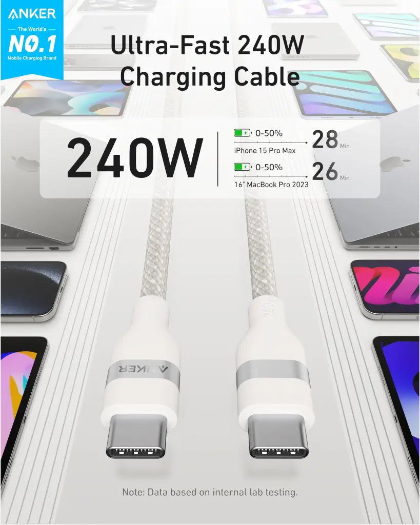 Daten- und Ladekabel USB-C - USB-C Anker, 240W, 0.9m, Weiß A82E2H21