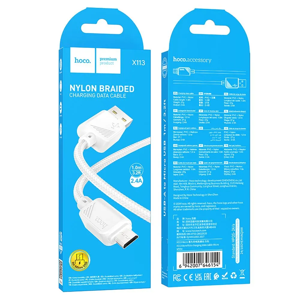 Câble de données et de charge USB-A - microUSB HOCO X113, 18W, 1m, Blanc