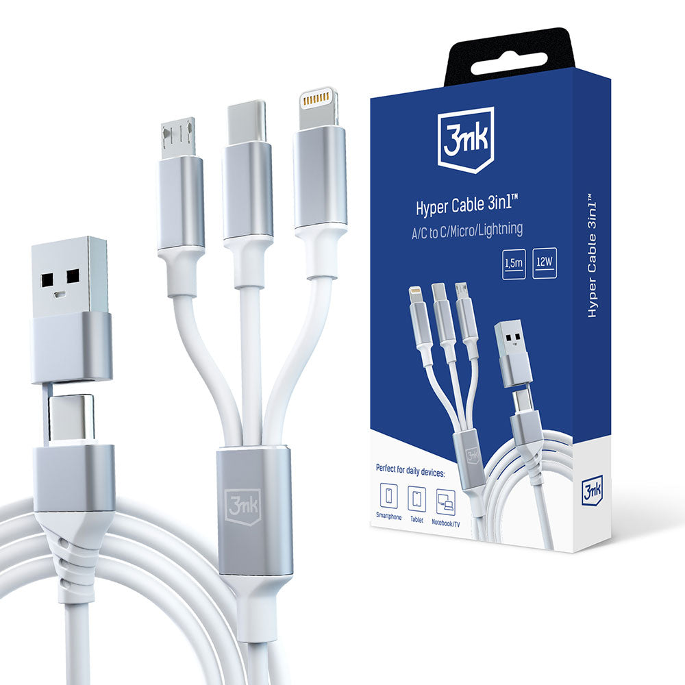 Câble de Chargement USB-A / USB-C - Lightning / microUSB / USB-C 3MK Hyper 3in1, 12W, 1.5m, Blanc