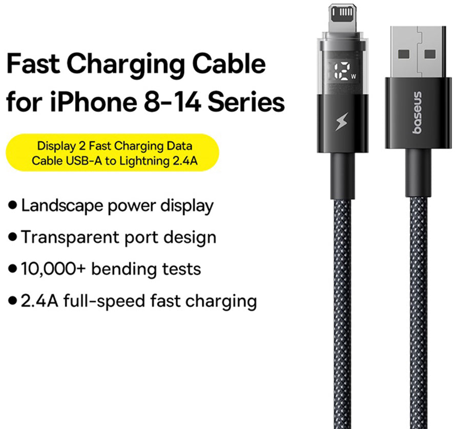 Câble de Données et de Charge USB-A - Lightning Baseus Display 2, 18W, 1m, Noir P10382700121-00