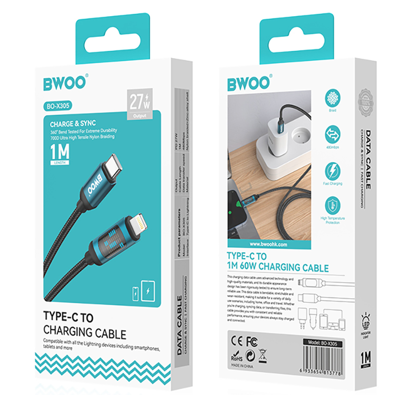 Cavo Dati e Ricarica USB-C - Lightning BWOO X305 Display, 27W, 1m, Nero