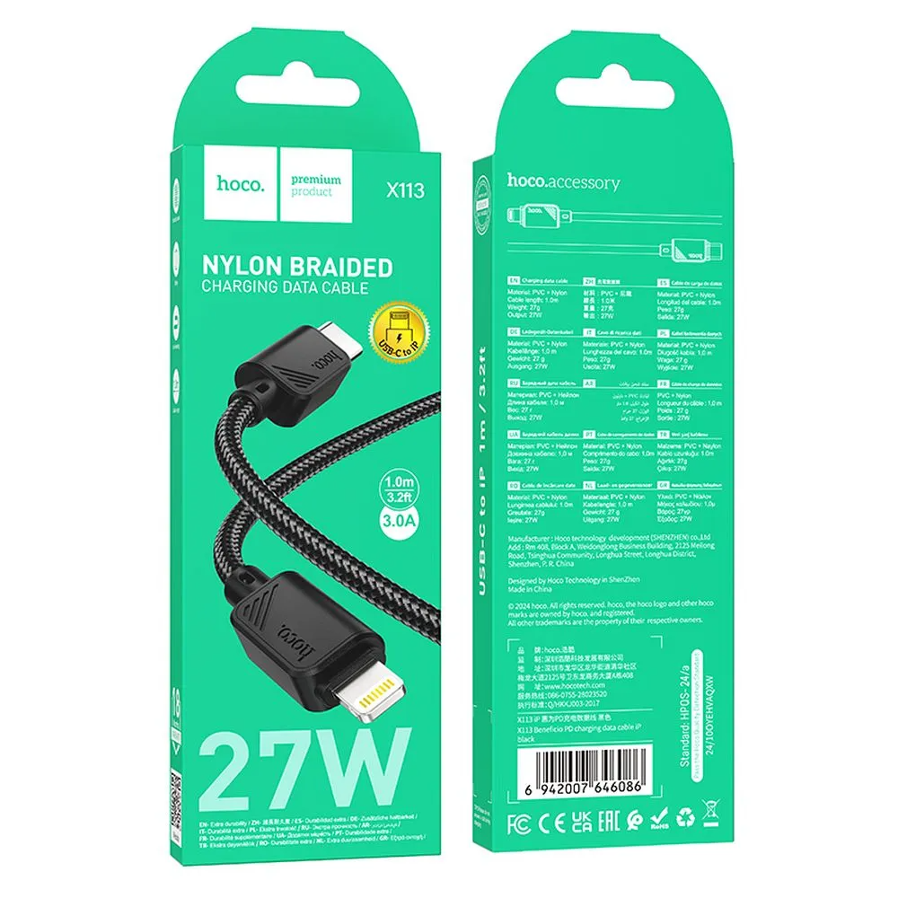 Câble de données et de charge USB-C - Lightning HOCO X113, 27W, 1m, Noir