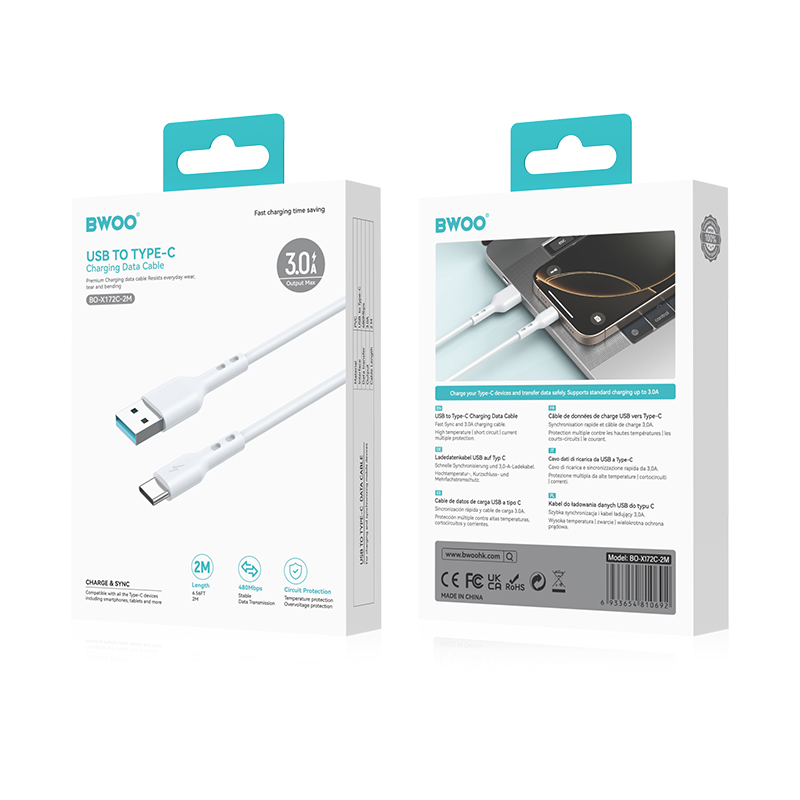 Daten- und Ladekabel USB-A - USB-C BWOO BO-X172C-2M, 15W, 2m, Weiß