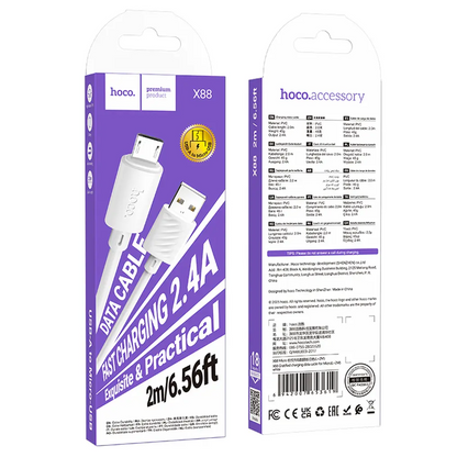 Câble de données et de charge USB-A - microUSB HOCO X88, 18W, 2m, Blanc