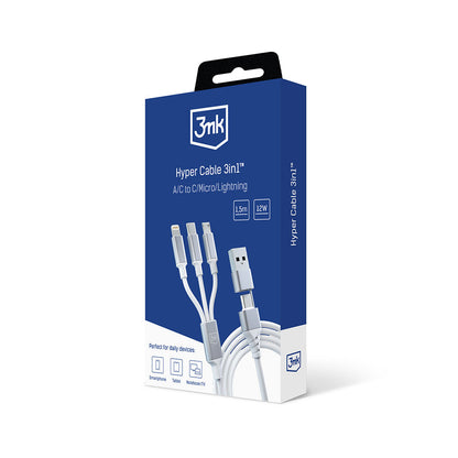 Câble de Chargement USB-A / USB-C - Lightning / microUSB / USB-C 3MK Hyper 3in1, 12W, 1.5m, Blanc