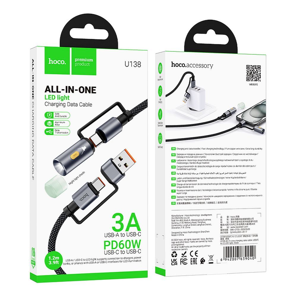 Câble de Données et de Charge USB-C / USB-A - USB-C / Led HOCO U138, 60W, 1.2m, Noir