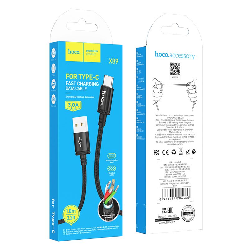 Daten- und Ladekabel USB-A - USB-C HOCO X89, 18W, 1m, Schwarz