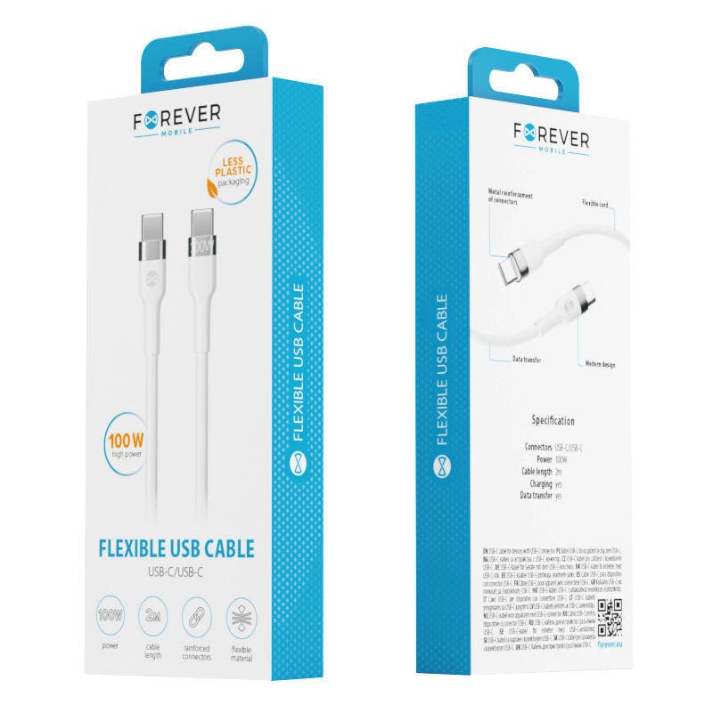 Câble de Données et de Charge USB-C - USB-C Forever Flexible, 100W, 2m, Blanc