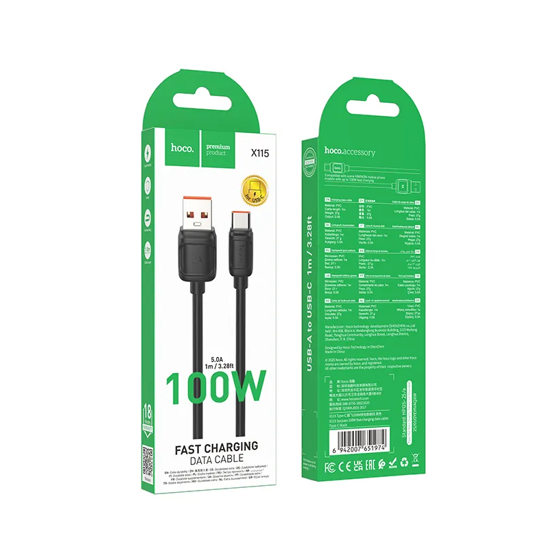 Câble de données et de charge USB-A - USB-C HOCO X115, 100W, 1m, Noir