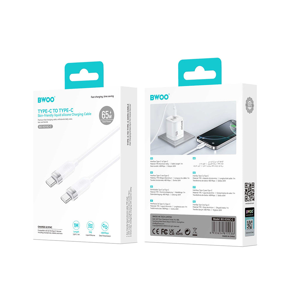 Câble de Données et de Charge USB-C - USB-C BWOO BO-X315C, 100W, 1m, Blanc