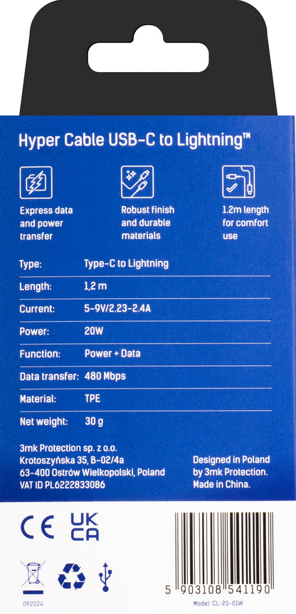 Cavo Dati e Ricarica USB-C - Lightning 3MK Hyper, 20W, 1,2m, Bianco