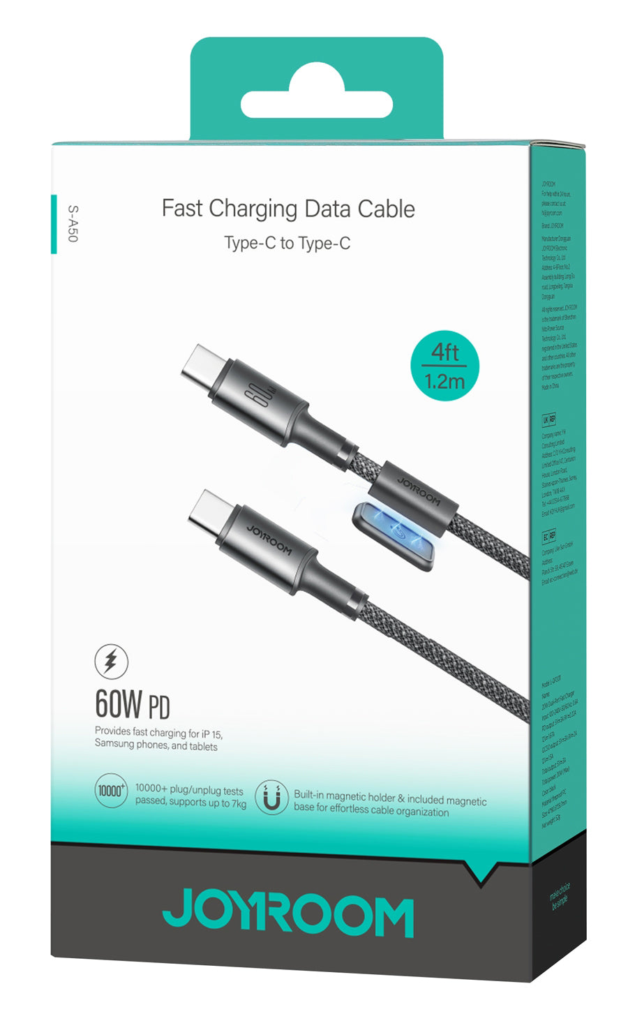 Câble de Données et de Charge USB-C - USB-C Joyroom S-A50, 60W, 1.2m, Gris