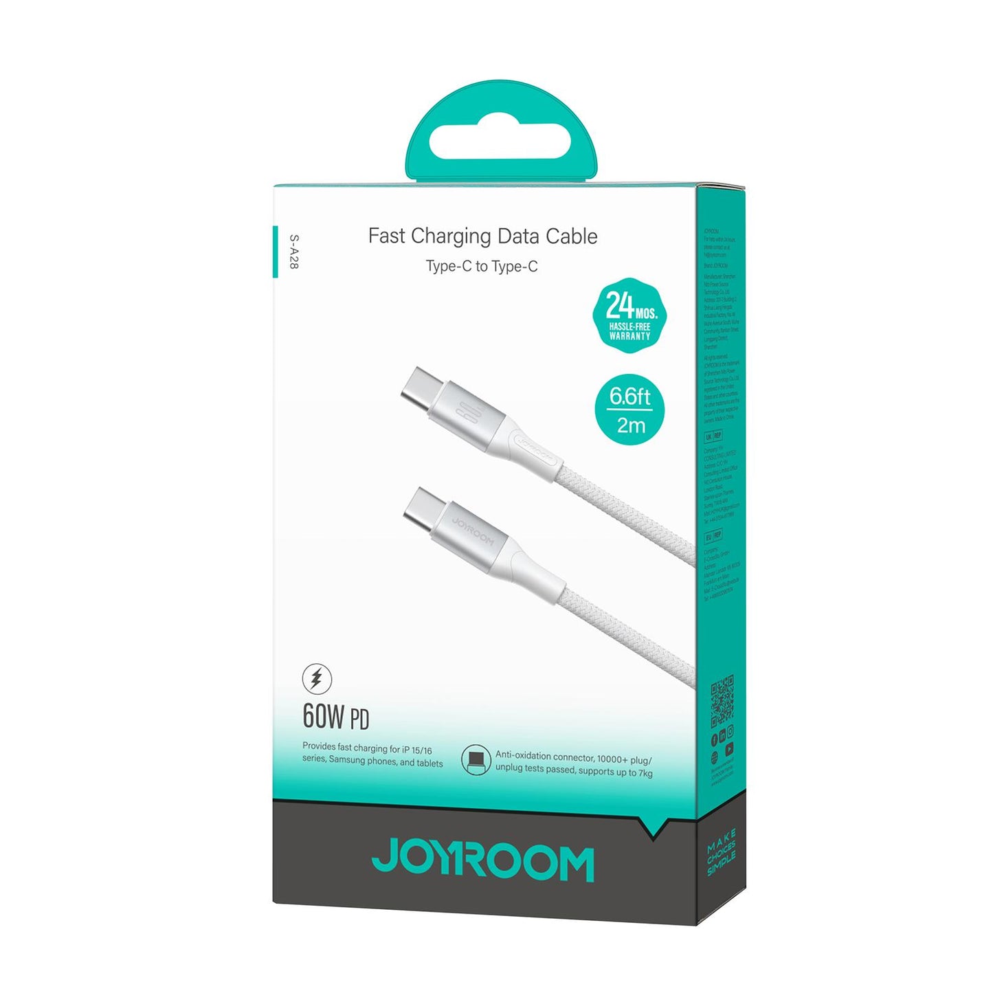 Câble de Données et de Charge USB-C - USB-C Joyroom S-A28 Flash, 60W, 2m, Blanc