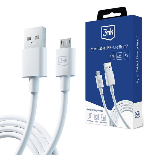 Câble de Données et de Charge USB-A - microUSB 3MK Hyper, 18W, 1.2m, Blanc