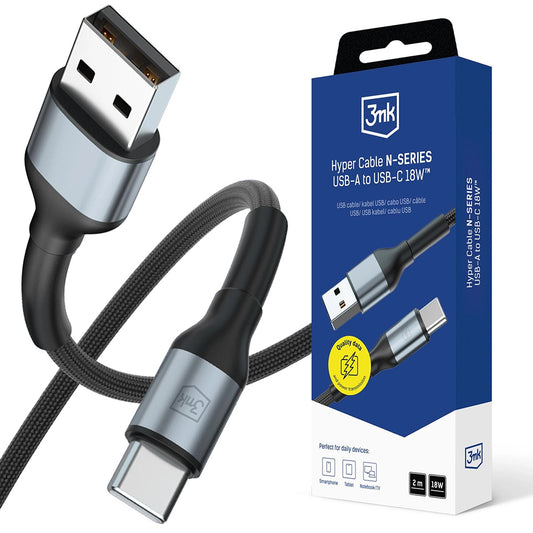 Câble de Données et de Charge USB-A - USB-C 3MK Hyper N, 18W, 2m, Noir