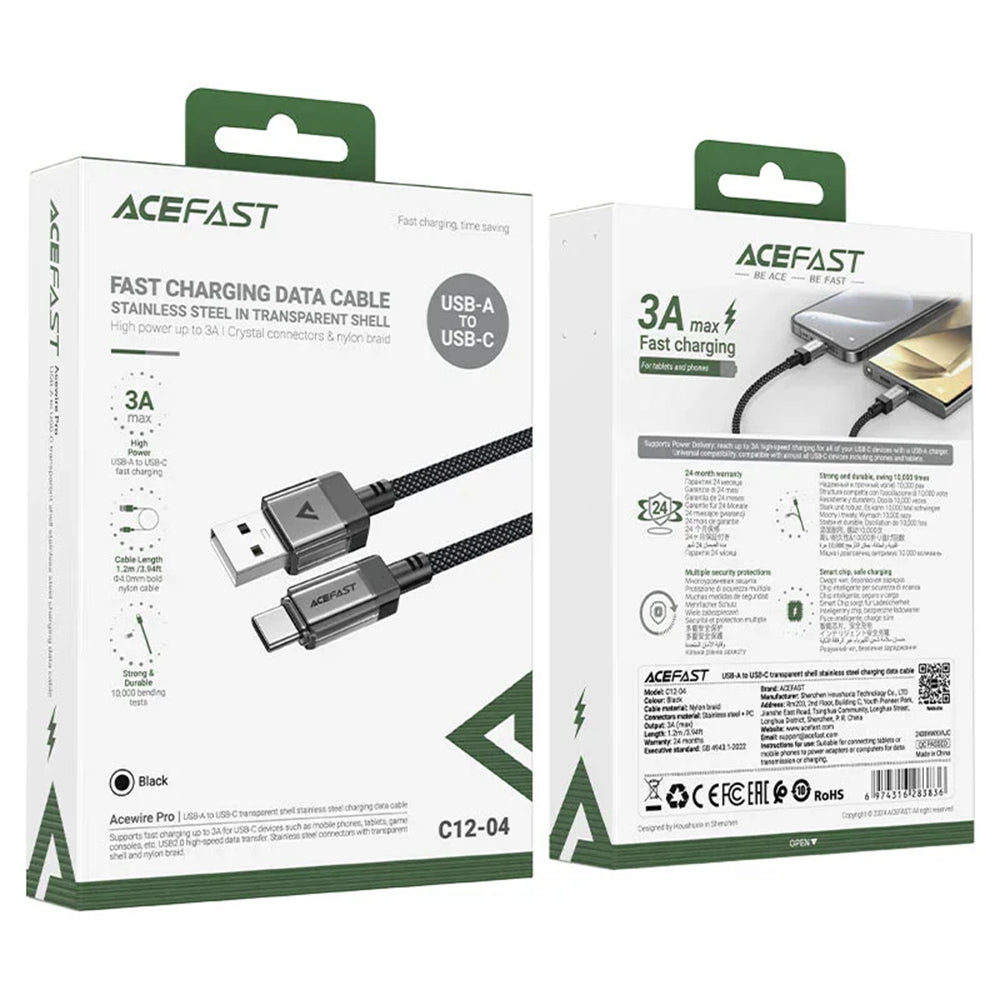 Câble de Données et de Charge USB-A - USB-C Acefast C12-04, 18W, 1.2m, Noir