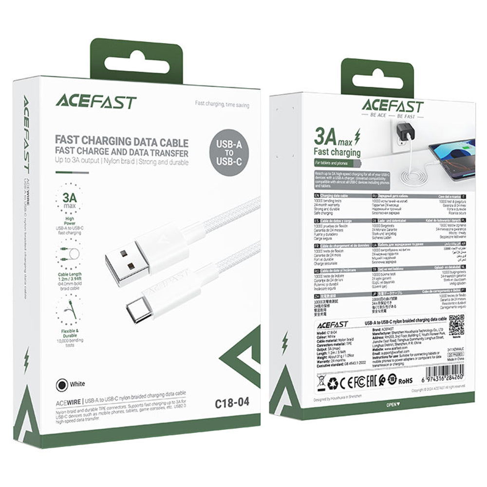 Câble de données et de charge USB-A - USB-C Acefast C18-04, 18W, 1.2m, Blanc