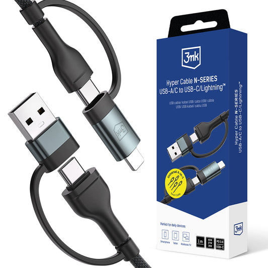 Câble de Données et de Charge USB-A / USB-C - USB-C / Lightning 3MK Hyper N, 60W, 1.2m, Noir