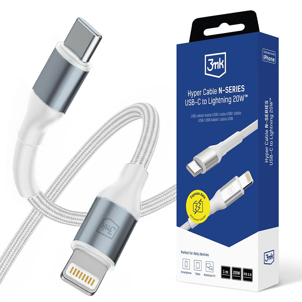 Câble de Données et de Charge USB-C - Lightning 3MK Hyper N, 20W, 1m, Blanc