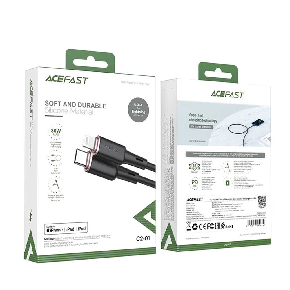 Câble de Données et de Charge USB-C - Lightning Acefast C2-01, 30W, 1.2m, Noir