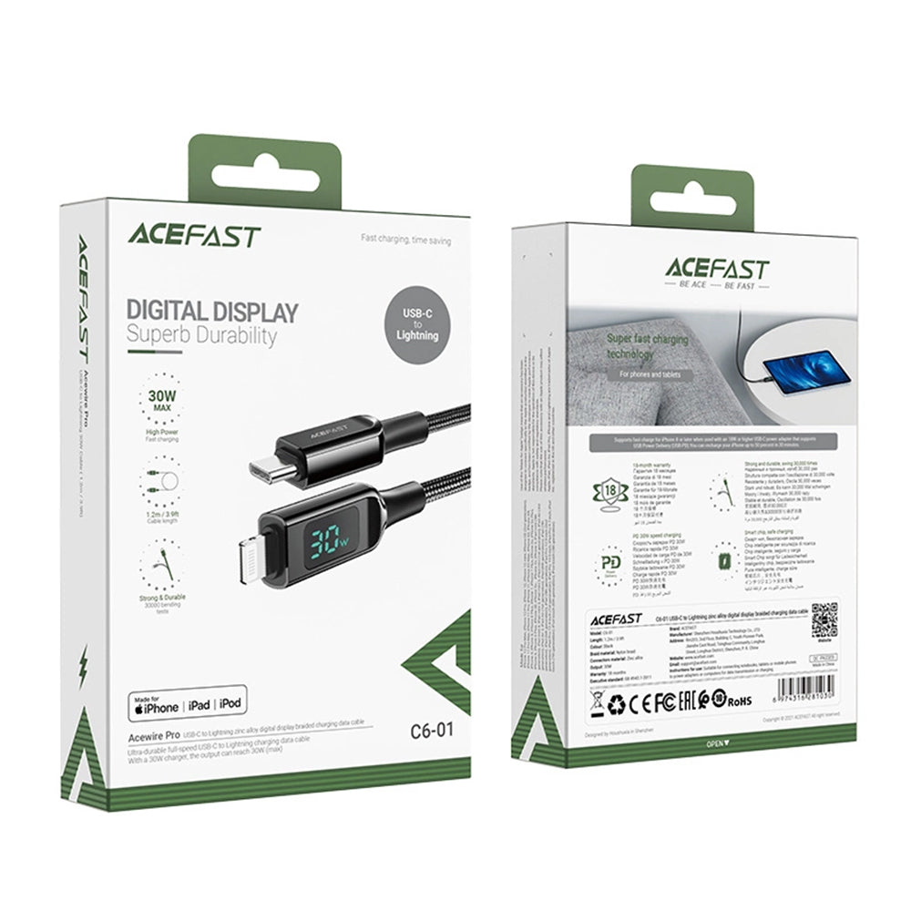 Cavo Dati e Ricarica USB-C - Lightning Acefast C6-01 Display, 20W, 1.2m, Nero