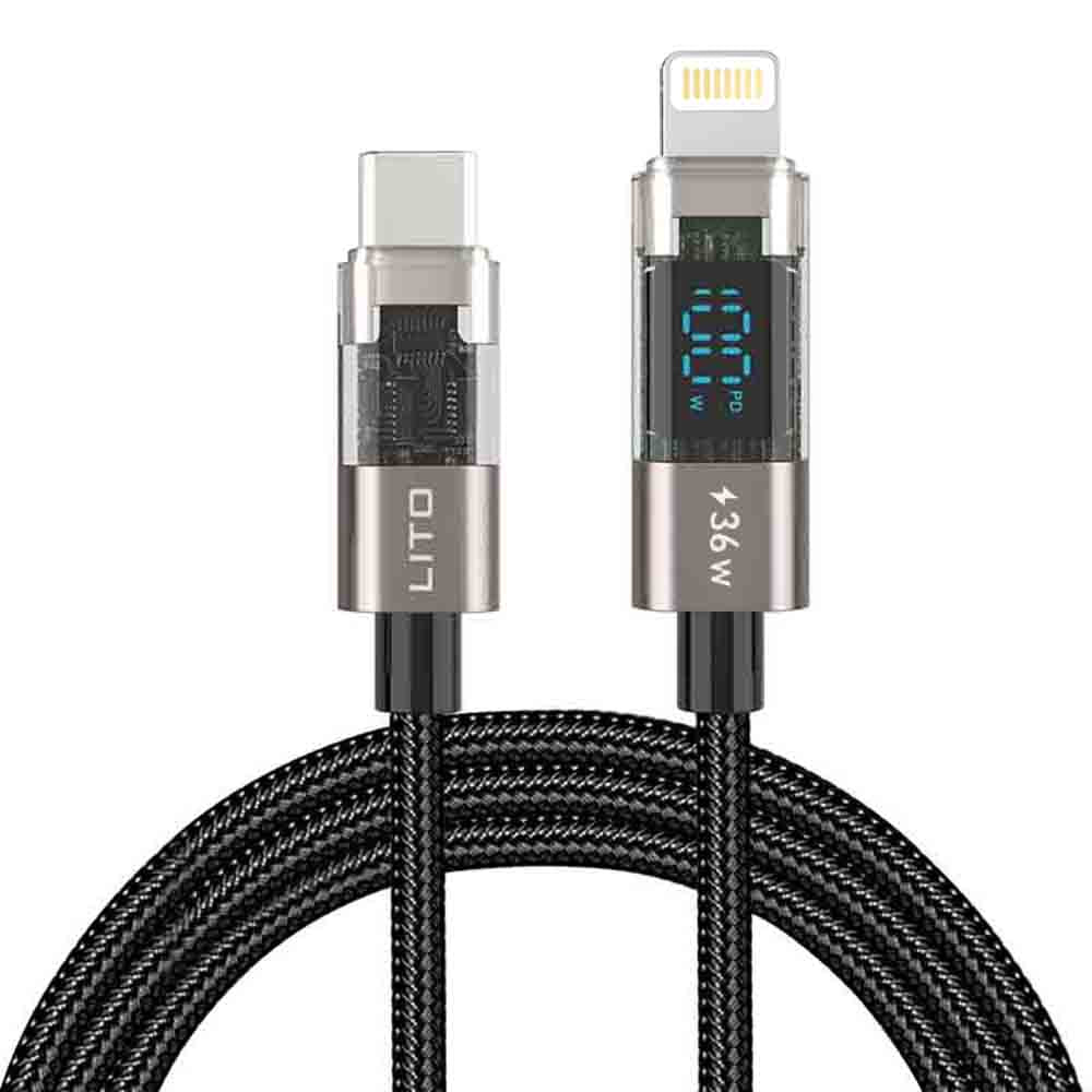 Câble de Données et de Charge USB-C - Lightning Lito LD09CL Display, 36W, 1.2m, Noir
