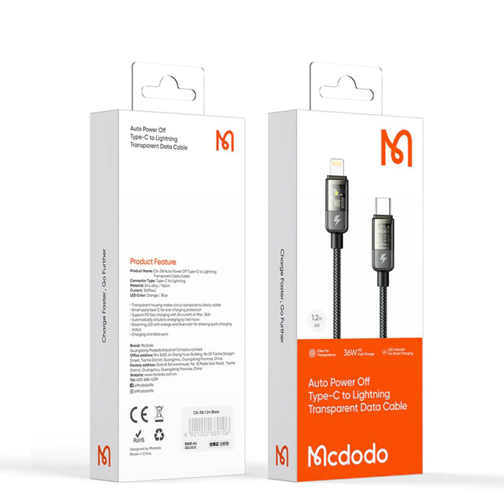 Cavo Dati e Ricarica USB-C - Lightning McDodo CA-3160 Auto Power Off, 36W, 1.2m, Nero
