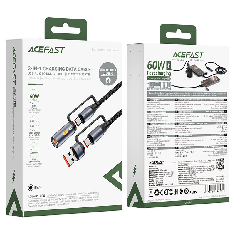 Cavo Dati e Ricarica USB-C / USB-A - USB-C / Accendisigari Elettrico Acefast J6, 60W, 1.2m, Nero