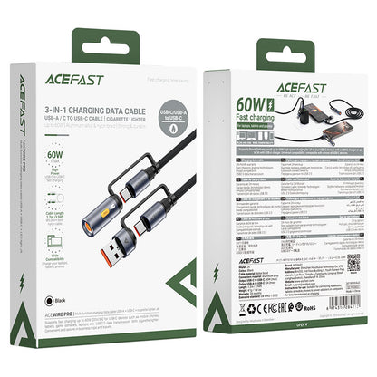 Cavo Dati e Ricarica USB-C / USB-A - USB-C / Accendisigari Elettrico Acefast J6, 60W, 1.2m, Nero